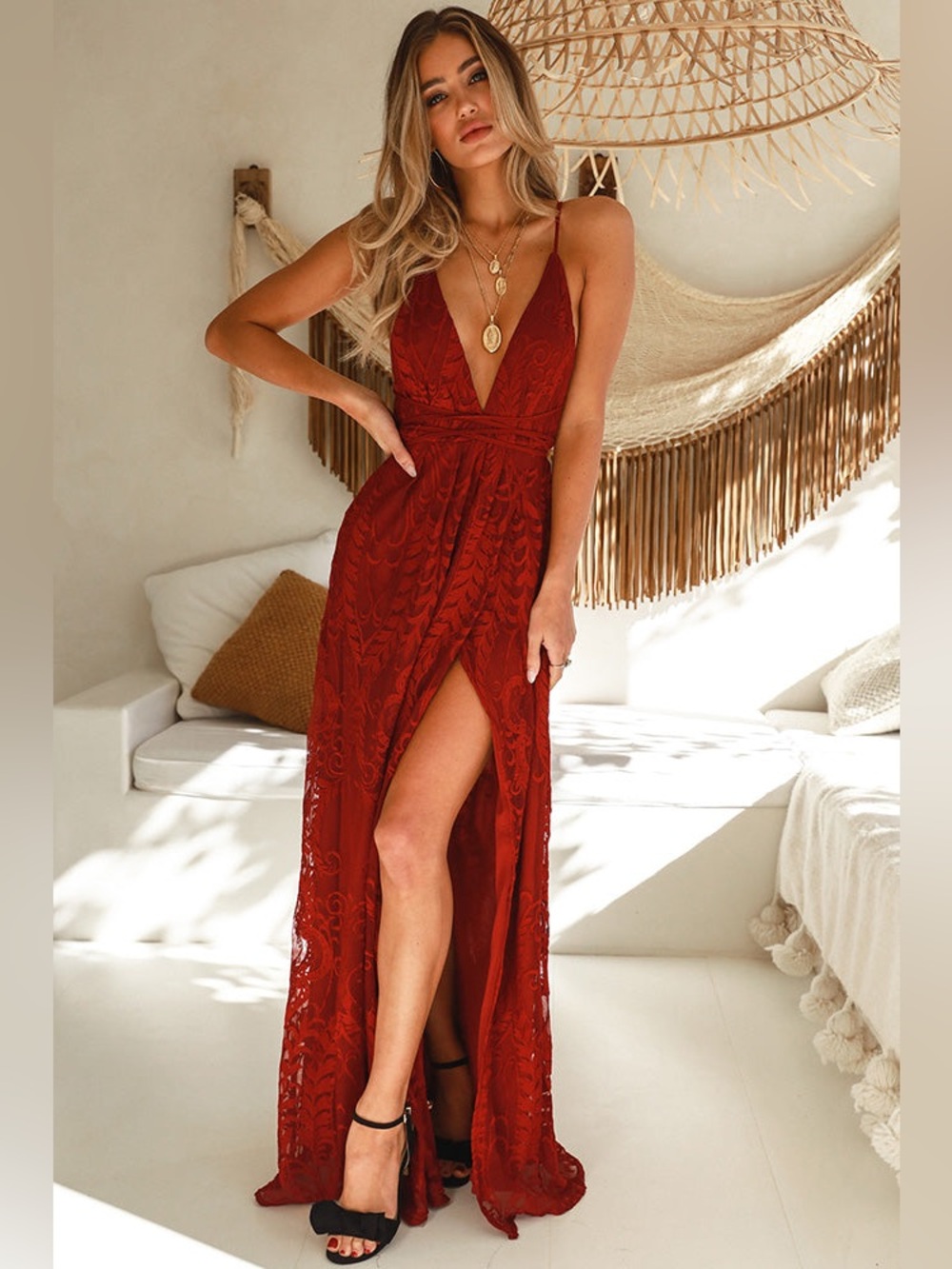 Hello Molly EAST ATLANTA MAXI DRESS WINE Sz 2 Boho Wedding Guest Lace Fairy